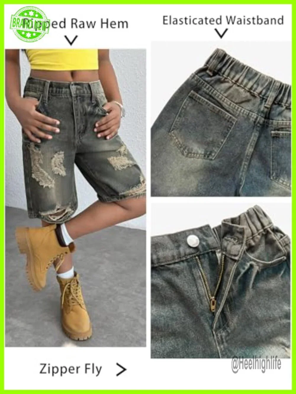 Y2K Baggy Ripped High Waist Denim Shorts Girls 7-14 Casual Wide Leg Bermuda